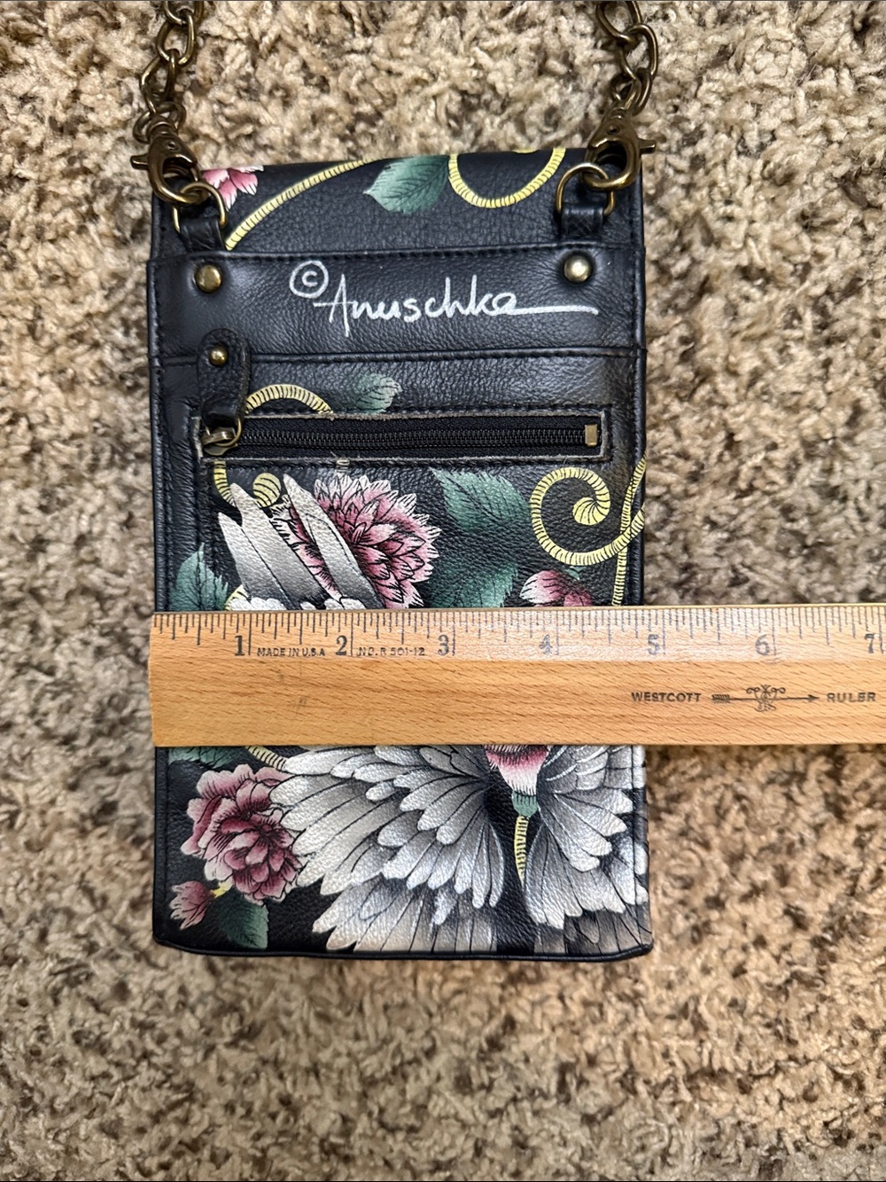 Anuschka Hand-Painted Black Crossbody with Pink Floral Guardian Angel - Picture 4 of 4